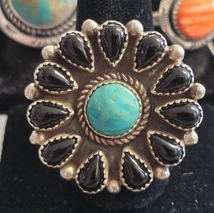 Large Navajo Made Turquoise And Onyx Cluster Ring